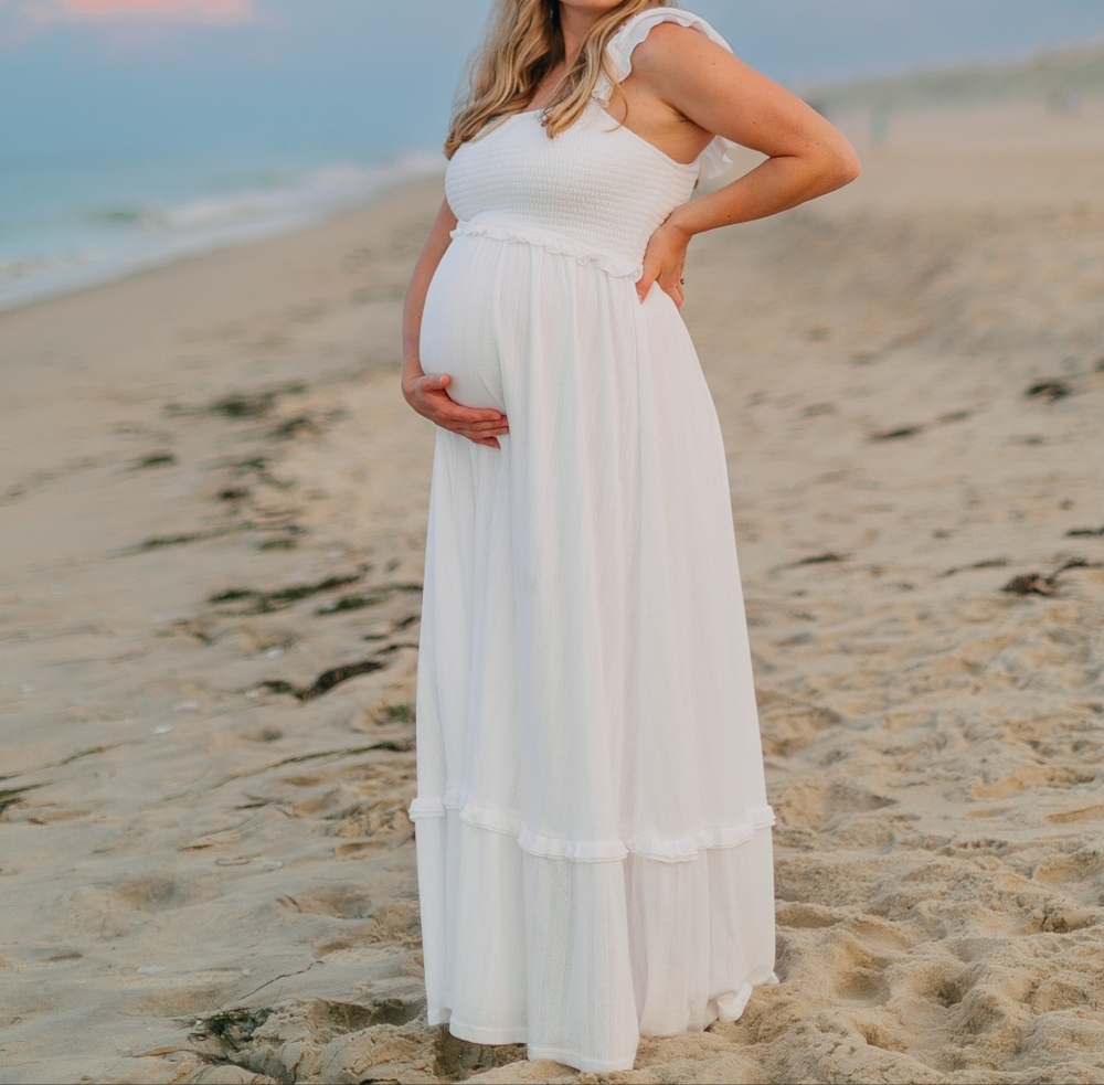 Bohemian Flowy White Maternity Stretch Cap Sleeve Ruffle Baby Shower Maxi Dress